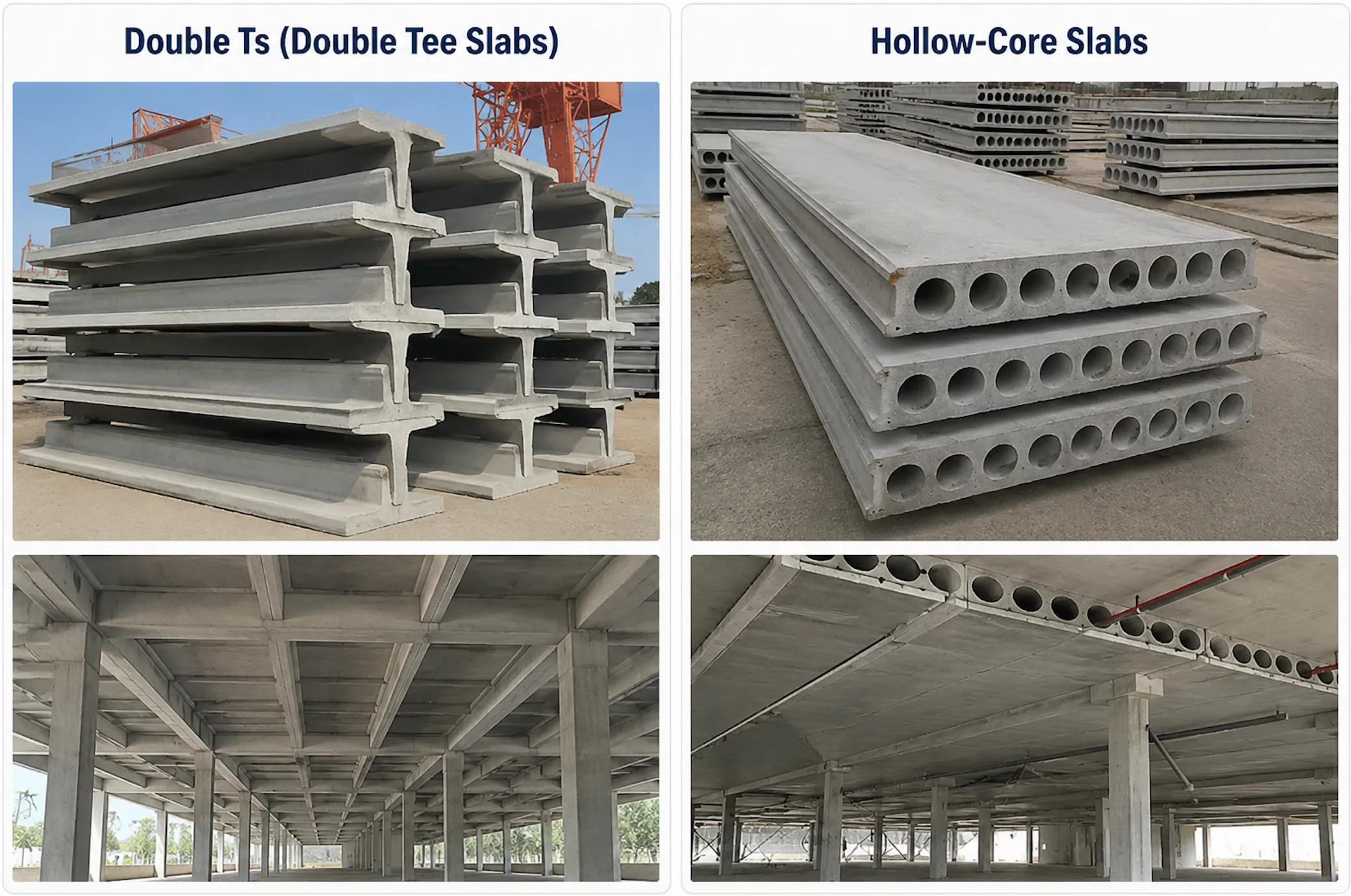 precast concrete double tee slabs and hollow core slabs for long span floor and roof construction