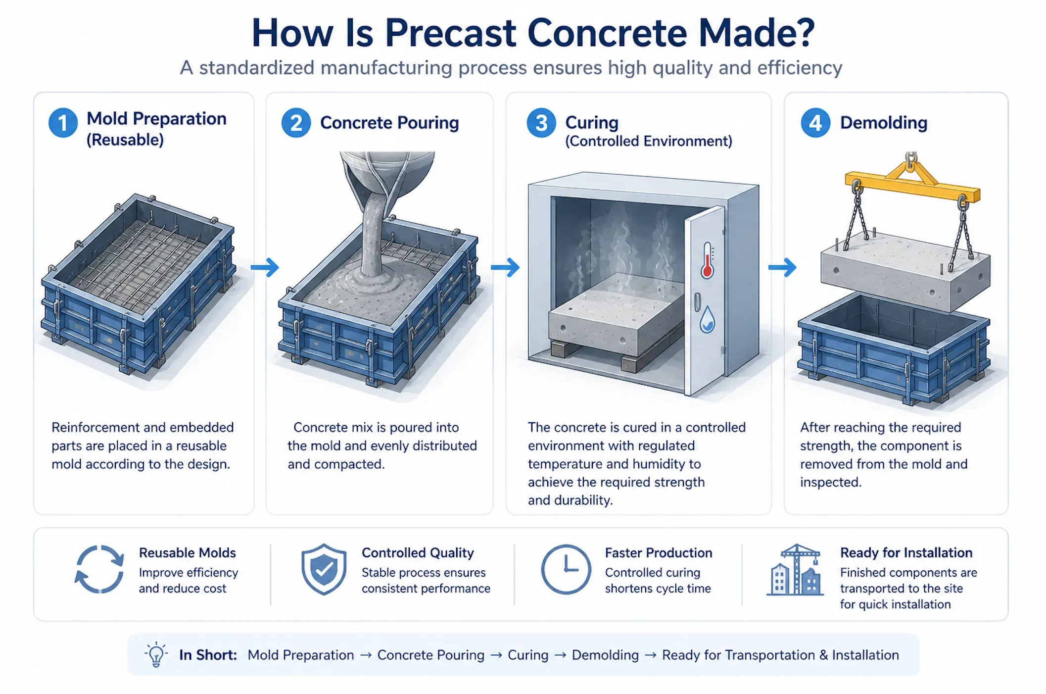 precast concrete manufacturing process including mold preparation concrete pouring curing and demolding in factory production