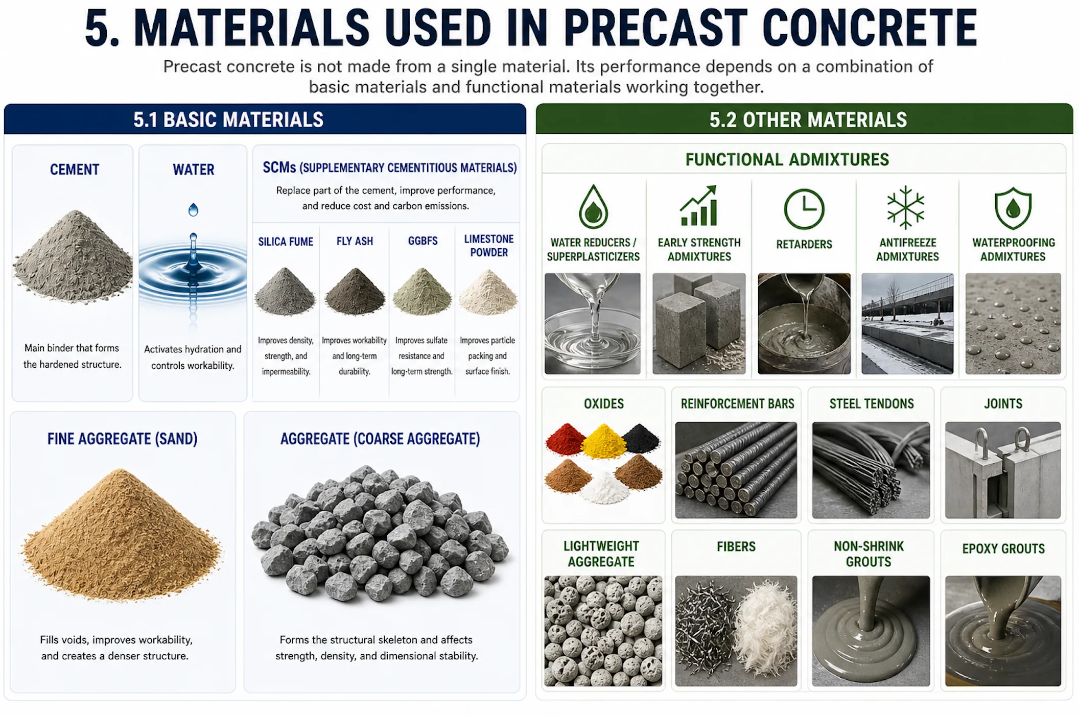 precast concrete materials including cement water SCMs aggregates admixtures reinforcement bars fibers and grouts