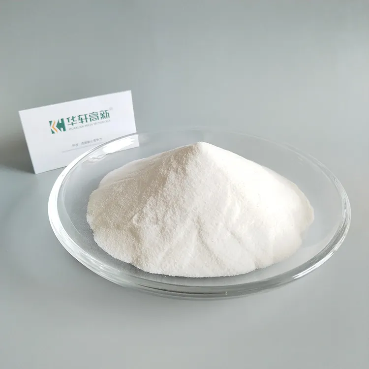 PC-1006E white polycarboxylate superplasticizer powder displayed in glass dish with Huaxuan High-Tech card