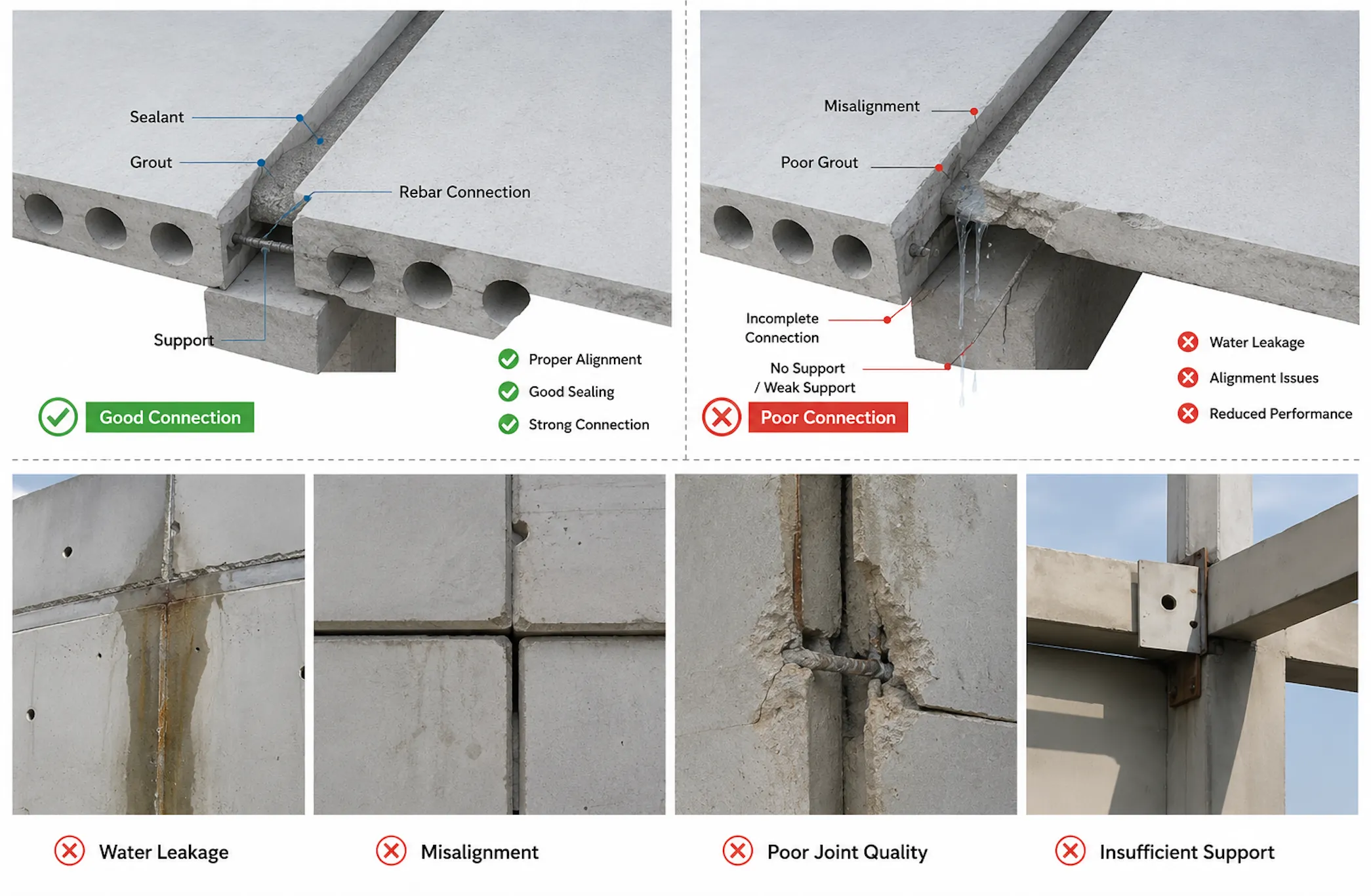 Alt TextComparison of good and poor precast concrete joint connections showing sealing, grout quality, alignment issues, water leakage, and structural connection defects in precast concrete systems