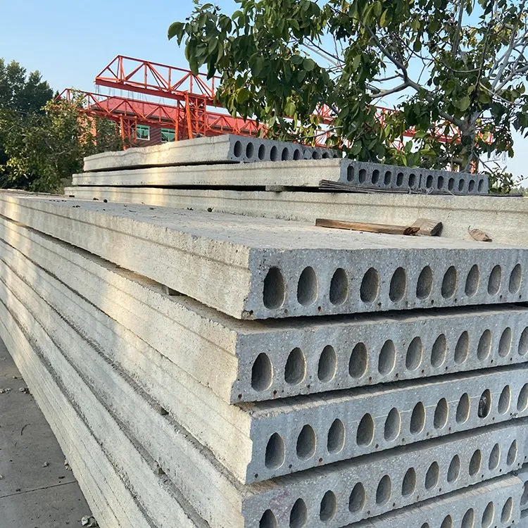 precast concrete slabs and hollow core planks stacked for structural floor and roof construction
