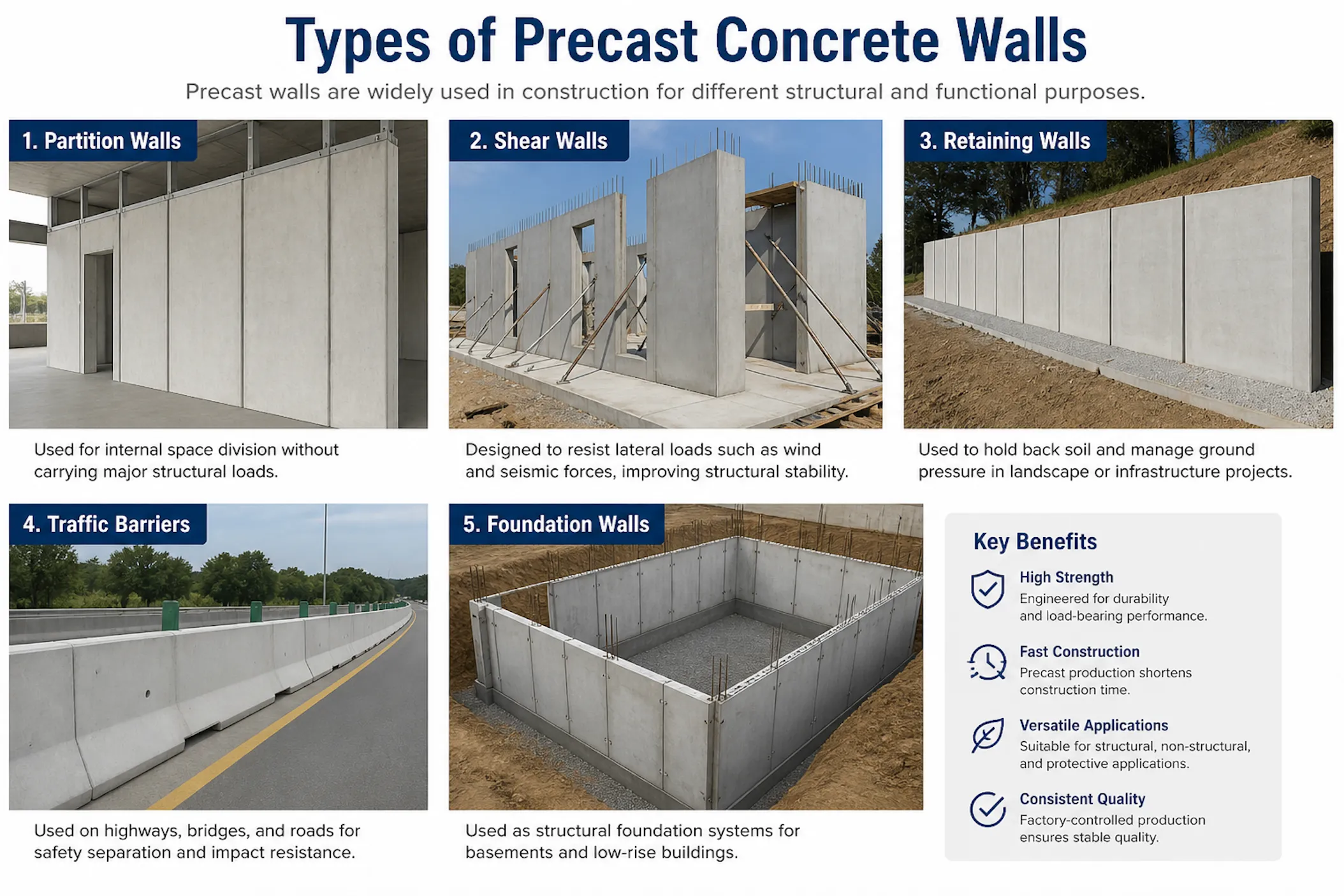 types of precast concrete walls including partition walls shear walls retaining walls traffic barriers and foundation walls