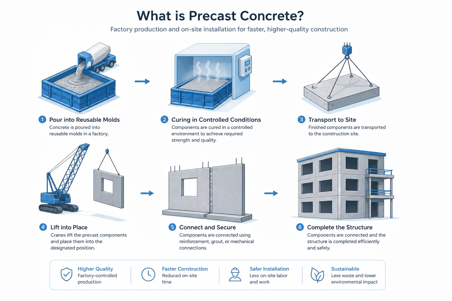 precast concrete manufacturing process from mold pouring curing transportation installation and structural assembly