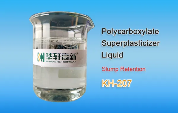 KH-207 polycarboxylate superplasticizer liquid product display showing slump retention concrete admixture