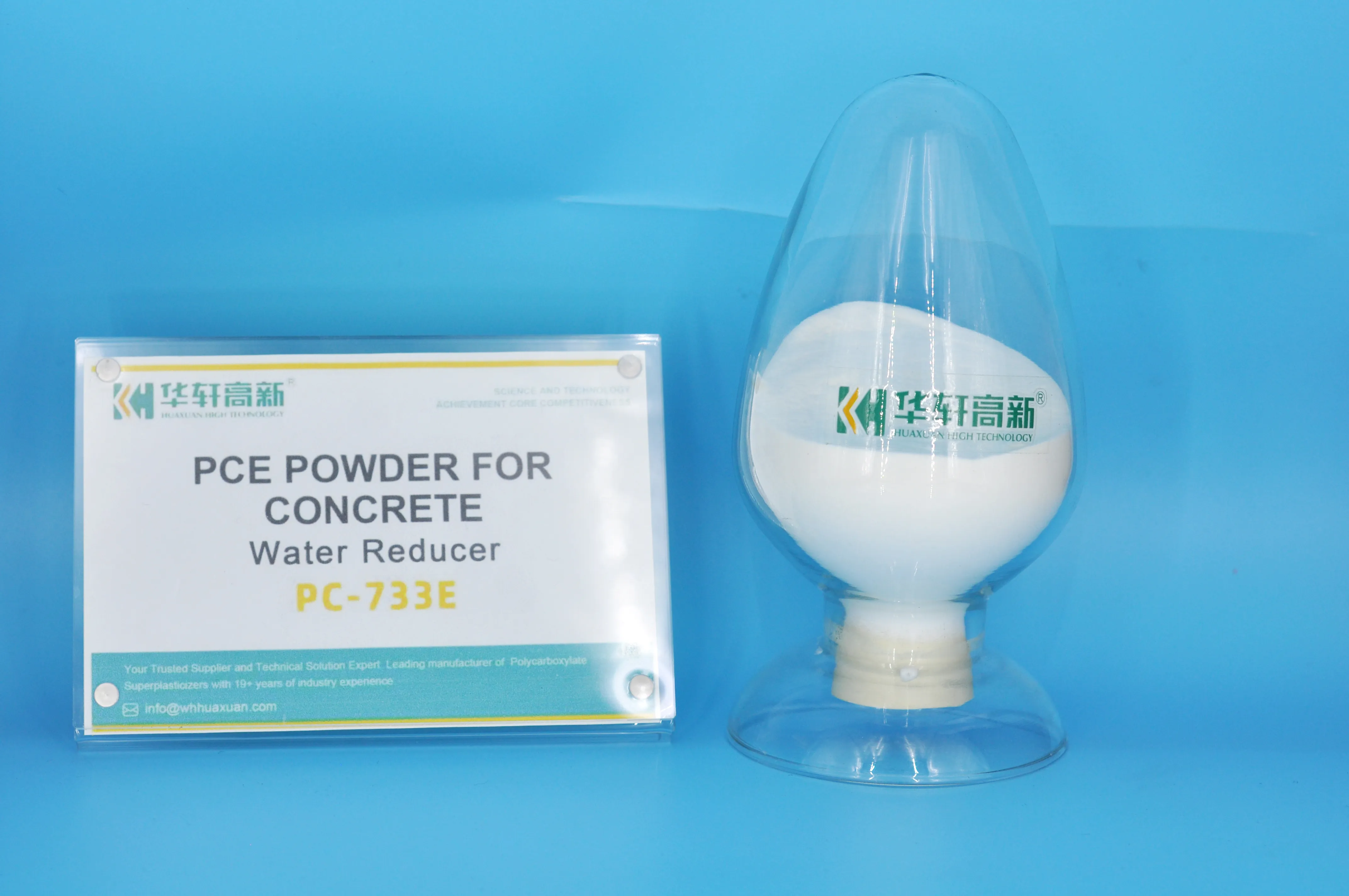 White PCE powder for concrete water reducer PC-733E displayed in laboratory sample container