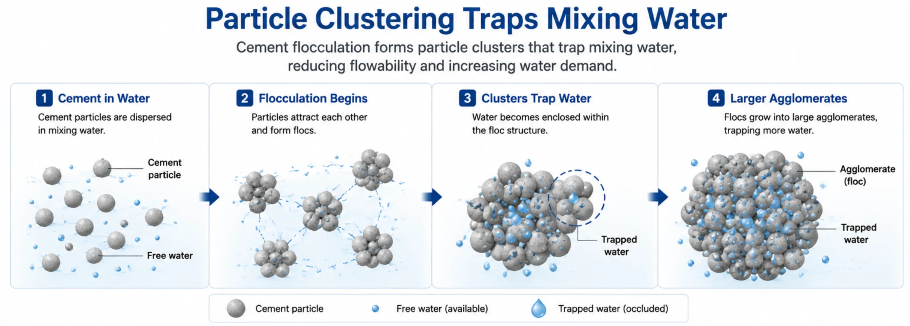 Scientific diagram showing cement particle clustering trapping mixing water inside cement flocs, reducing flowability and increasing water demand in concrete.