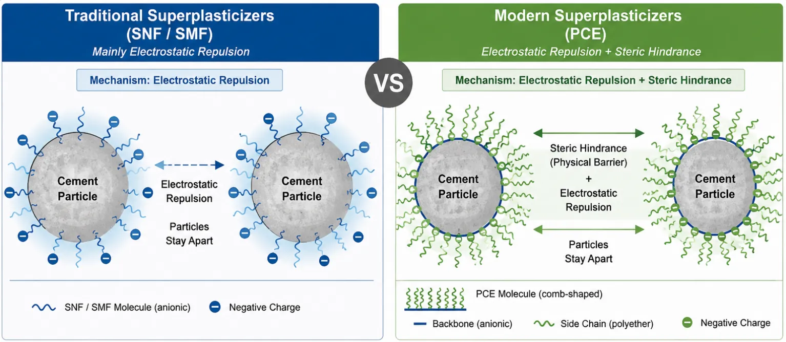 Comparison diagram showing how traditional SNF/SMF superplasticizers and modern PCE superplasticizers work in concrete through electrostatic repulsion and steric hindrance mechanisms.