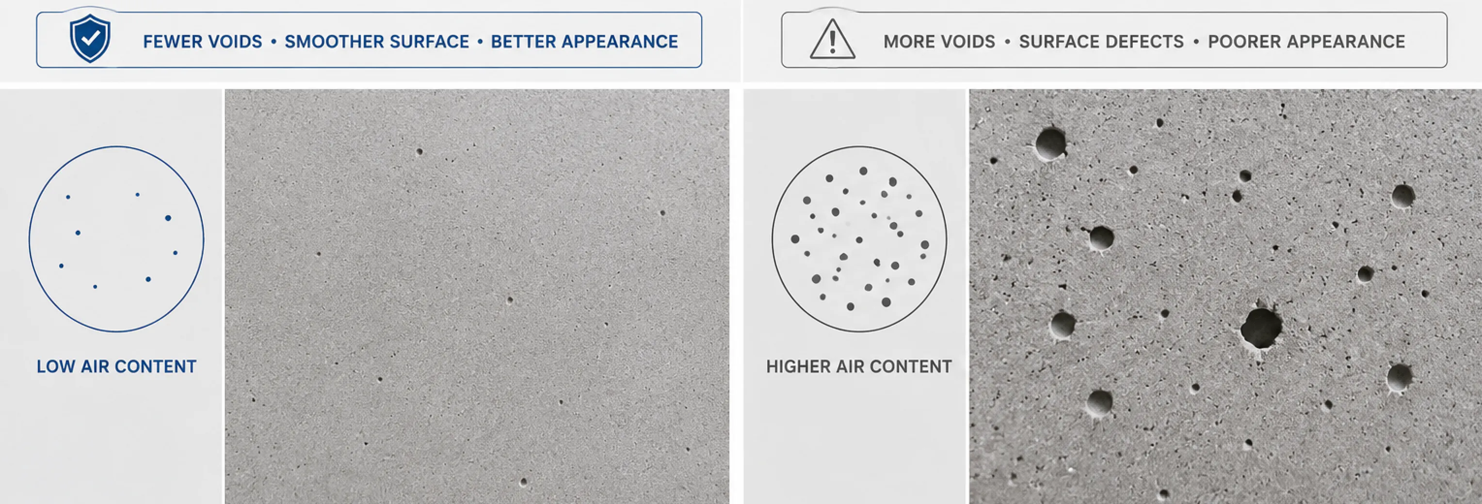 Comparison of concrete surfaces with low and high air entrainment, illustrating how lower air content can reduce bugholes, voids, and other surface defects in architectural concrete.